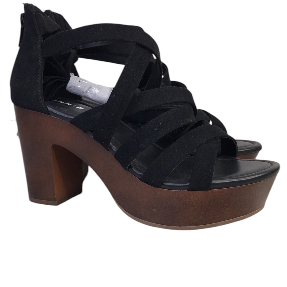 Torrid Heels Black Ankle Wrap Wooden Heels Size 9 WW Wide Faux Brand New